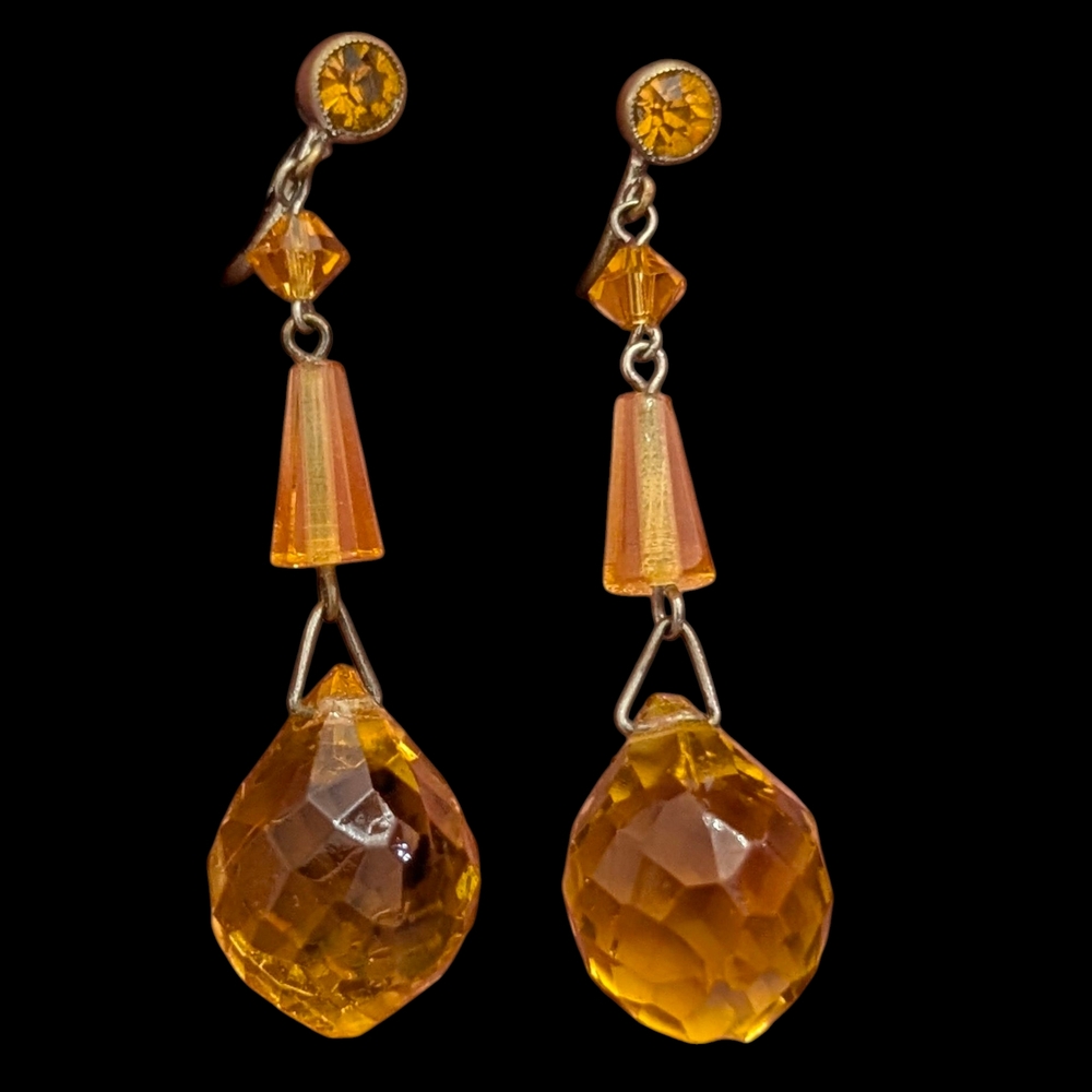 Art Deco Amber Gold Drop Earrings, MCM Crystal Drop Rare Earrings, 1930's